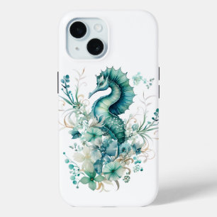 Hippocampe côtier et iPhone floral 15 Coque