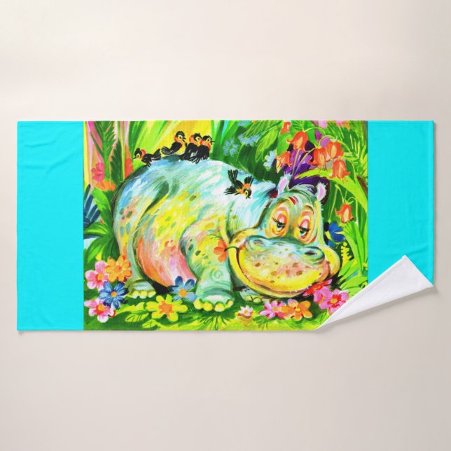 hippopotame et oiseaux aux couleurs vives (Serviette de bain)