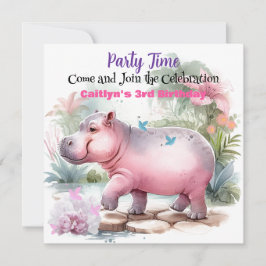 Hippopotame et papillon Invitation d'anniversaire