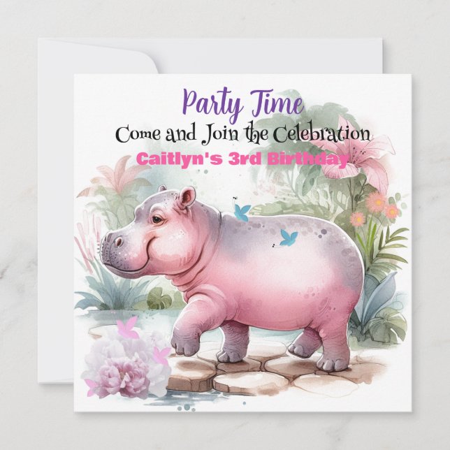 Hippopotame et papillon Invitation d'anniversaire (Devant)