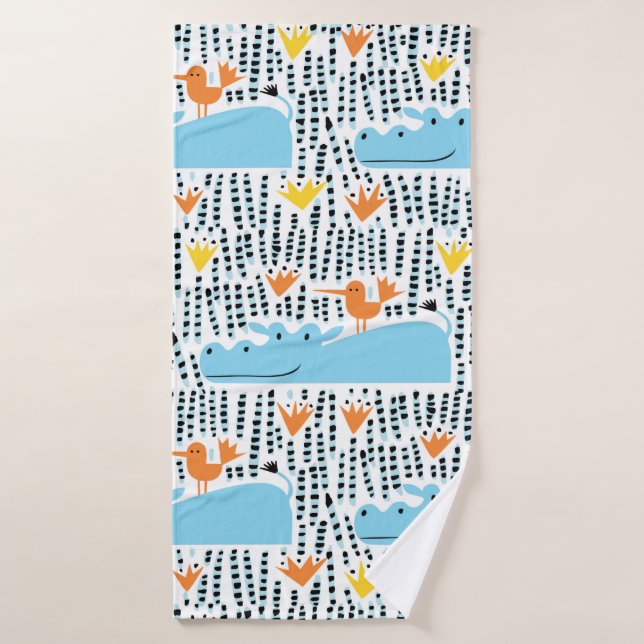 Hippopotames et oiseaux dans le lac sans soudure m (Serviette de bain)