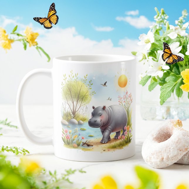 Hippopotamus à l'aquarelle de printemps - Mug pour (Créateur téléchargé)