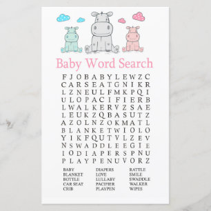 Hippopotamus Baby Dusche Word Search Game