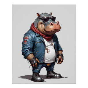Hippopotamus Biker-Rebell in Lederjacket Cool Poster