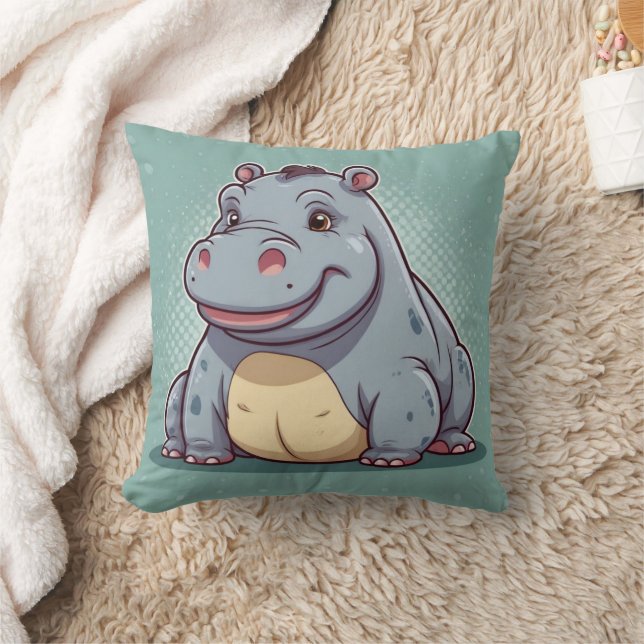 Hippopotamus Funny Kawaii Blue Print Kissen (Decke)