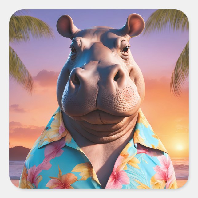 Hippopotamus Holiday Quadratischer Aufkleber (Vorderseite)