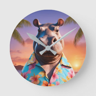 Hippopotamus Holiday Runde Wanduhr
