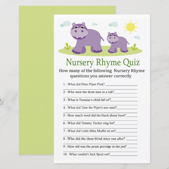 Hippopotamus Kinderzimmer Rhyme Quiz Kinderduschen (Vorne/Hinten)