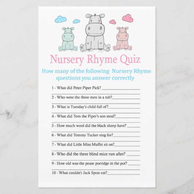 Hippopotamus Kinderzimmer Rhyme Quiz Kinderduschen (Vorderseite)