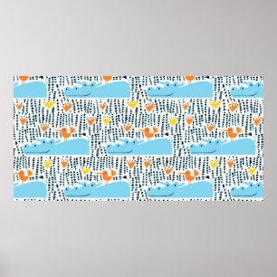 Hippos and birds in the lake seamless pattern vint poster