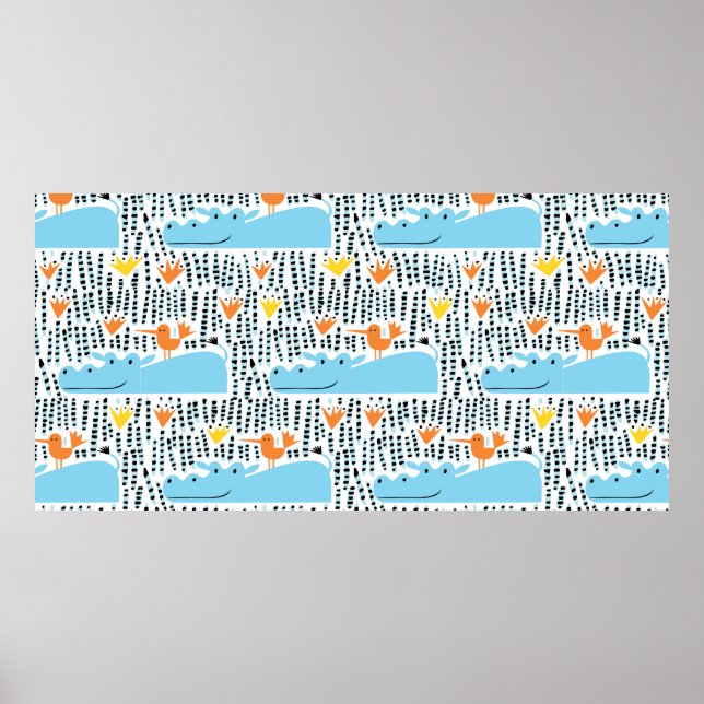 Hippos and birds in the lake seamless pattern vint poster (Vorne)