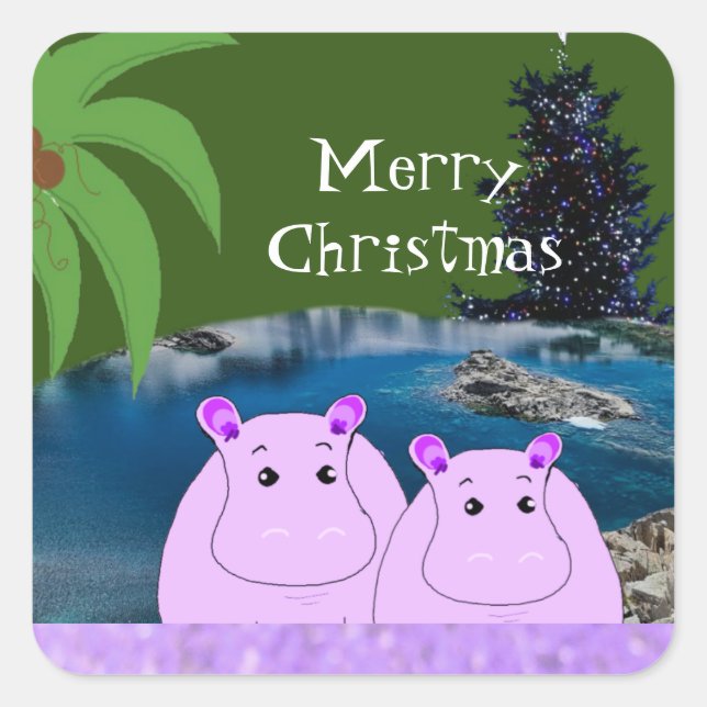 Hippos Bereit für Weihnachts-Platz-Sticker Quadratischer Aufkleber (Vorderseite)