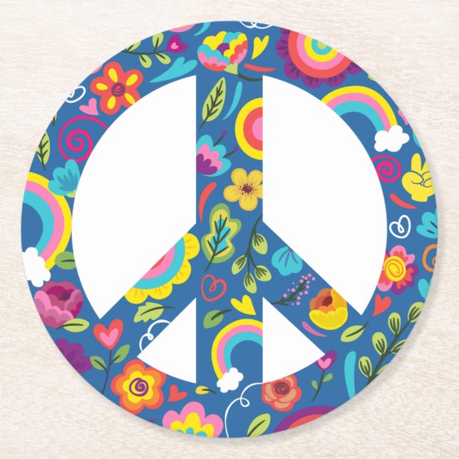 Hippy 60er Boho Peace Sign Runder Pappuntersetzer (Vorderseite)