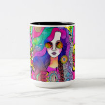 Hippy Art Female mit Sonnenbrille Coffee 15 oz Tas