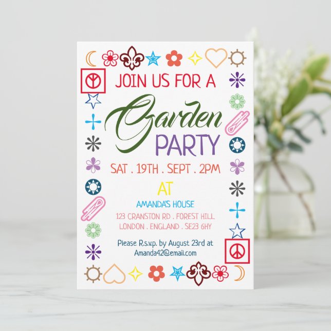 Hippy Chic Decoration Garden Party Einladung (Stehend Vorderseite)