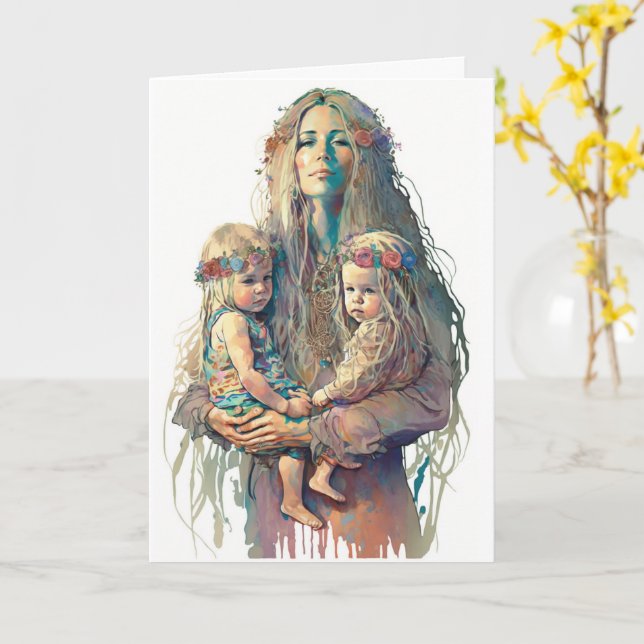 Hippy Mother & Twin Daughters, Mothers Day Karte (Gelbe Blume)