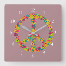 Hippy-Peace-Schilder-Blume Quadratische Wanduhr
