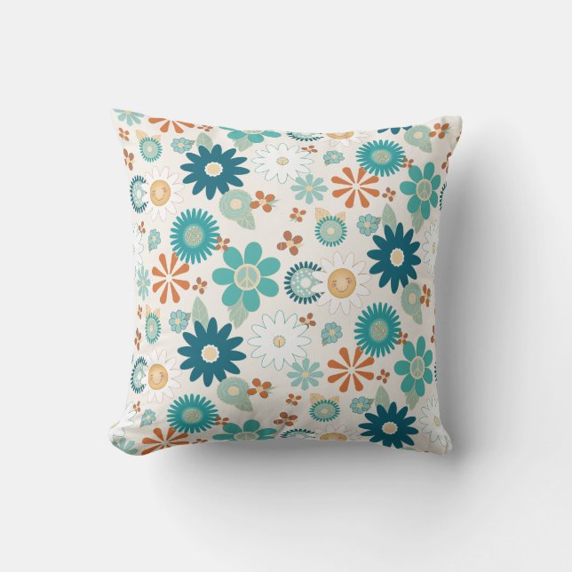 Hippy Retro Vibe 70er Daisy Peace Blue Orange Baby Kissen (Vorderseite)