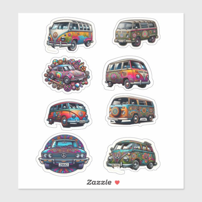Hippy Van and Cars Boho aus den 1960er Jahren Aufkleber (Blatt)