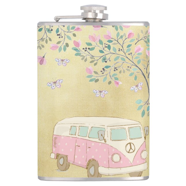 Hippy Van Butterflies und Blüten-Gold Flachmann (Vorderseite)