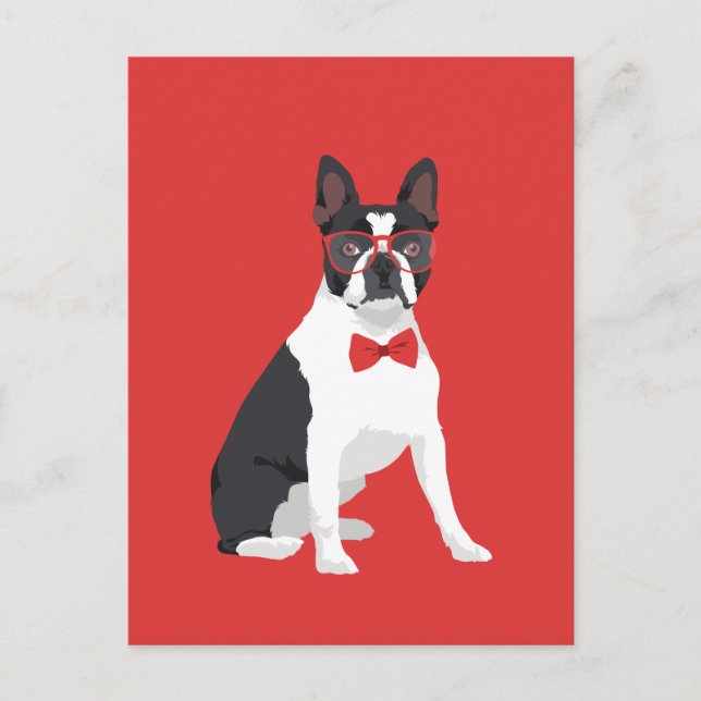 Hipster Boston Terrier mit Red Glasses & Bow Krawa Postkarte (Vorderseite)