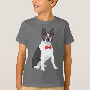 Hipster-Boston-Terrier mit roten Gläsern u. T-Shirt
