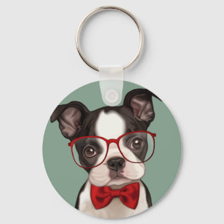 Hipster Boston Terrier Schlüsselanhänger