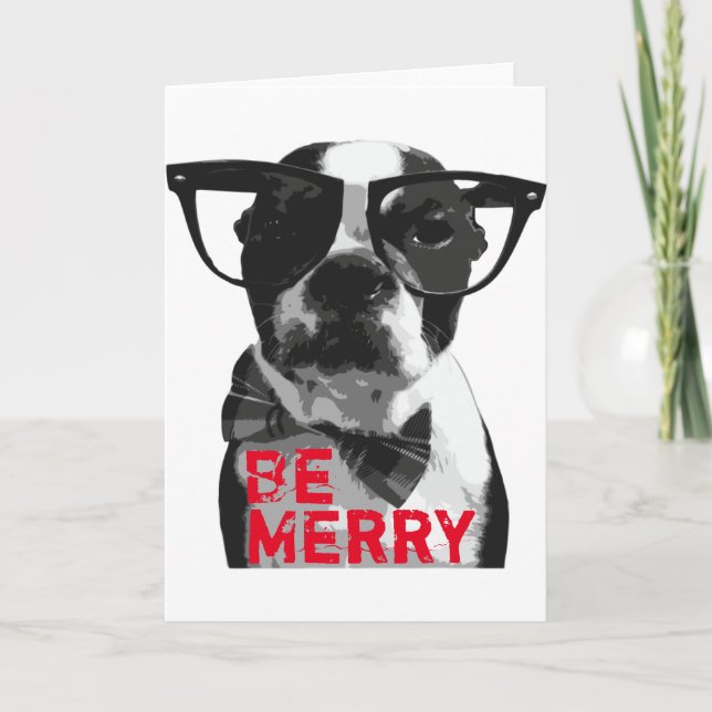 Hipster-Boston-Terrier-Weihnachtskarte Feiertagskarte (Vorderseite)