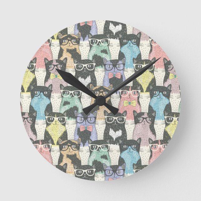Hipster Cute Cats Pattern Runde Wanduhr (Vorderseite)