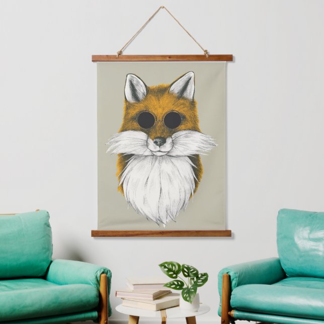 Hipster Fox in Sonnenbrille Illustration Wandteppich Mit Holzrahmen (Wohnzimmer)