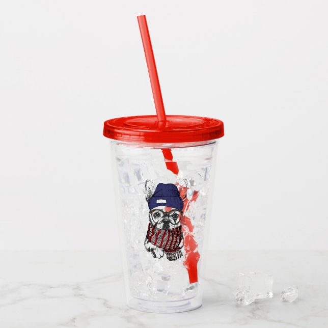 Hipster-Franzose-Stier-Hund Acryltrinkbecher (Vorderseite Ice)