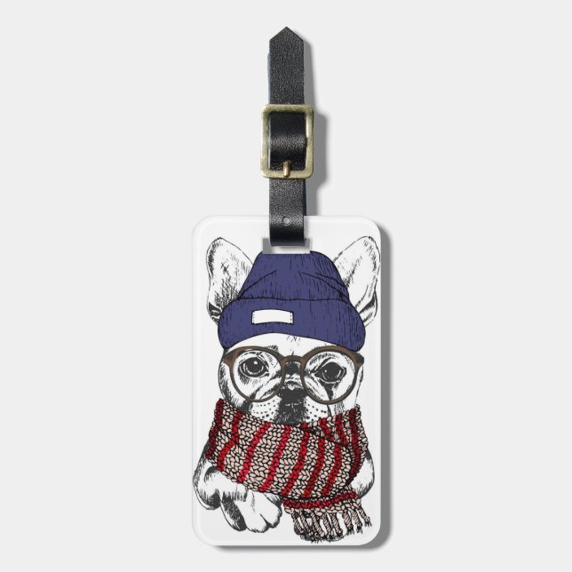 Hipster-Franzose-Stier-Hund | addieren Ihren Namen Gepäckanhänger (Vorderseite vertikal)