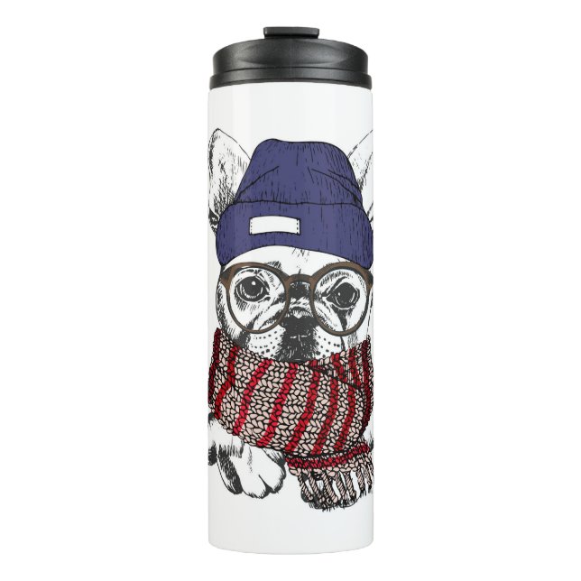 Hipster-Franzose-Stier-Hund Thermosbecher (Vorderseite)