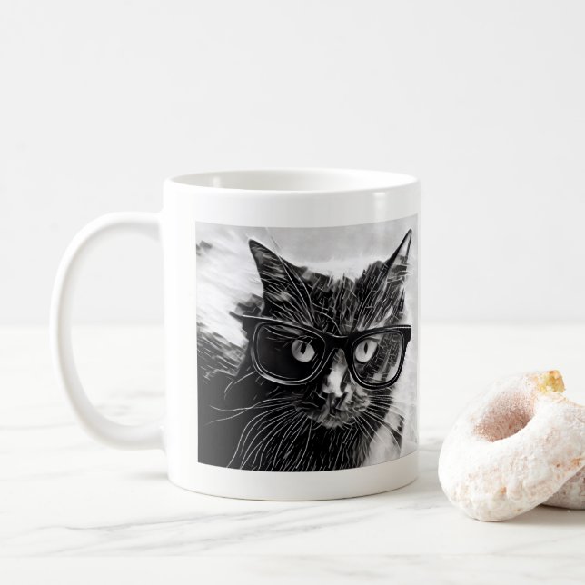 Hipster-Katze!  Schwarze Katze mit übergroßen Kaffeetasse (Mit Donut)