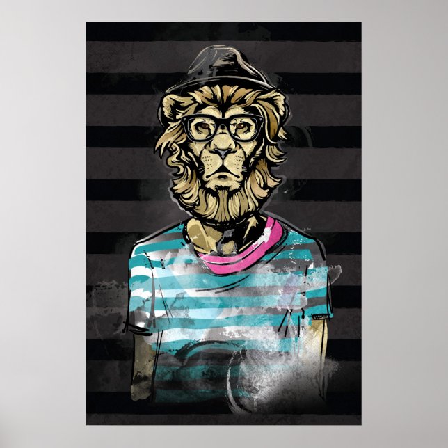 Hipster Lion on Stripe Poster (Vorne)