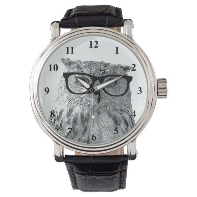 Hipster | Lustige Eule mit Brillengläsern Foto Armbanduhr (Vorderseite)