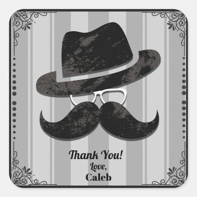 Hipster Mustache Hat Glasses ANY Birthday Party Quadratischer Aufkleber (Vorderseite)