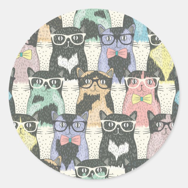 Hipster Niedliche Katzen Muster Runder Aufkleber (Vorderseite)