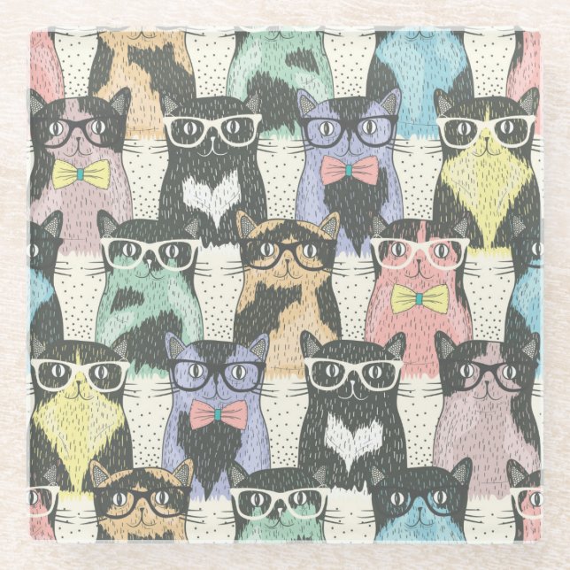 Hipster-niedliches Katzen-Muster Glasuntersetzer (Vorderseite)