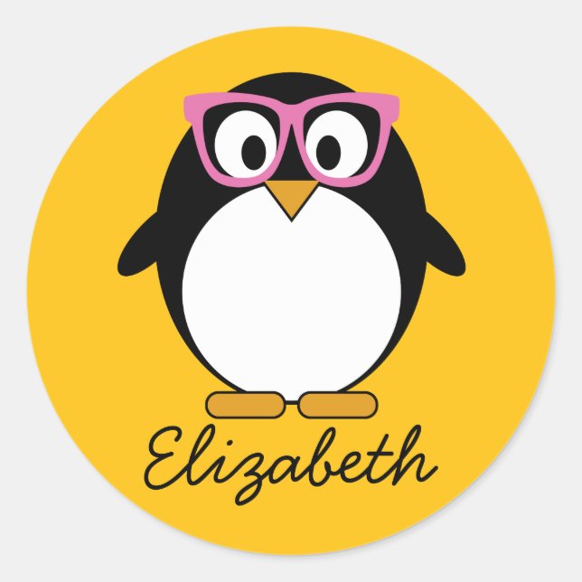Hipster Pinguin - Niedlicher Cartoon Gelb Rosa Runder Aufkleber (Vorderseite)
