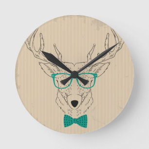 Hipster Reindeer Elk mit Gläsern grungelig Weihnac Runde Wanduhr