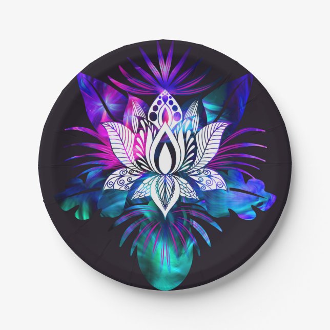 Hipster Retro Tech Aquamarine Lila Lotus Blume Lea Pappteller (Vorderseite)