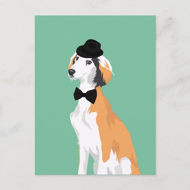 Hipster Saluki Welpen Hund in der Krawatte Hat and Postkarte (Vorderseite)