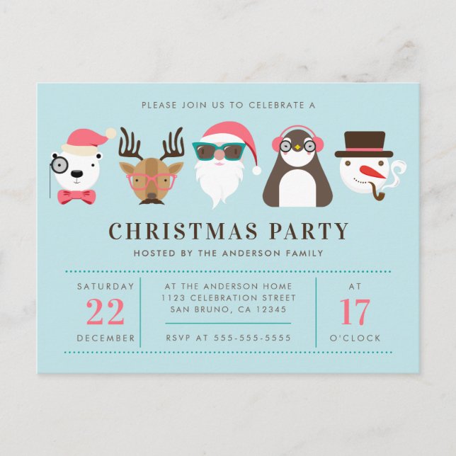 Hipster Sankt u. Freund-WeihnachtsParty Einladung Postkarte (Vorderseite)