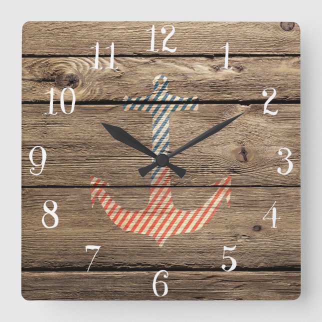 Hipster-Streifen-Anker-rustikaler hölzerner Quadratische Wanduhr (Vorderseite)