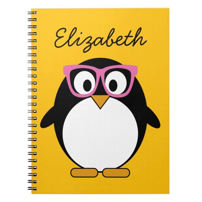 HipsterPenguin - niedliches Cartoon-Gelb-Rosa Notizblock (Vorderseite)