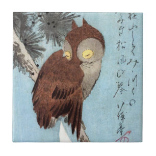 Hiroshige - Ohreule, Kiefer und Halbmond Fliese