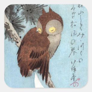 Hiroshige - Ohreule, Kiefer und Mondsichel Quadratischer Aufkleber