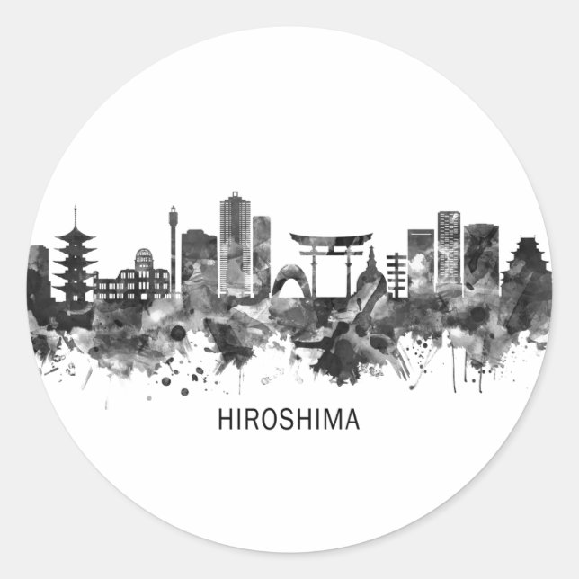 Hiroshima Japan Skyline BW Runder Aufkleber (Vorderseite)