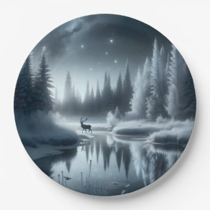 Hirsch in einem Winterfluss bei Nacht Pappteller